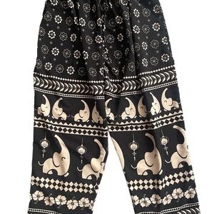 Elephant Print Wide Leg Pants - Black and Cream